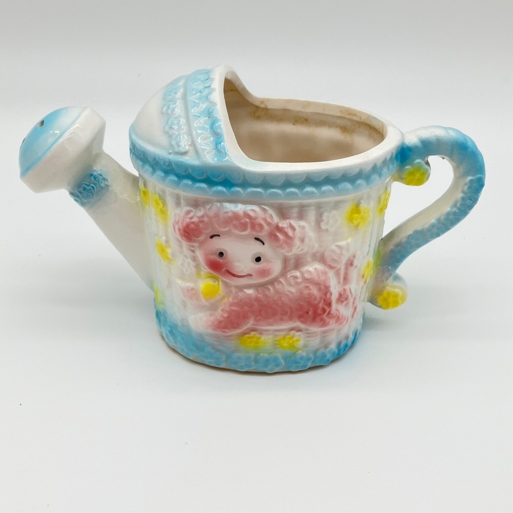 Vintage Japan Nursery Planter Watering Can Pink Lamb Kitsch Ceramic Pastel